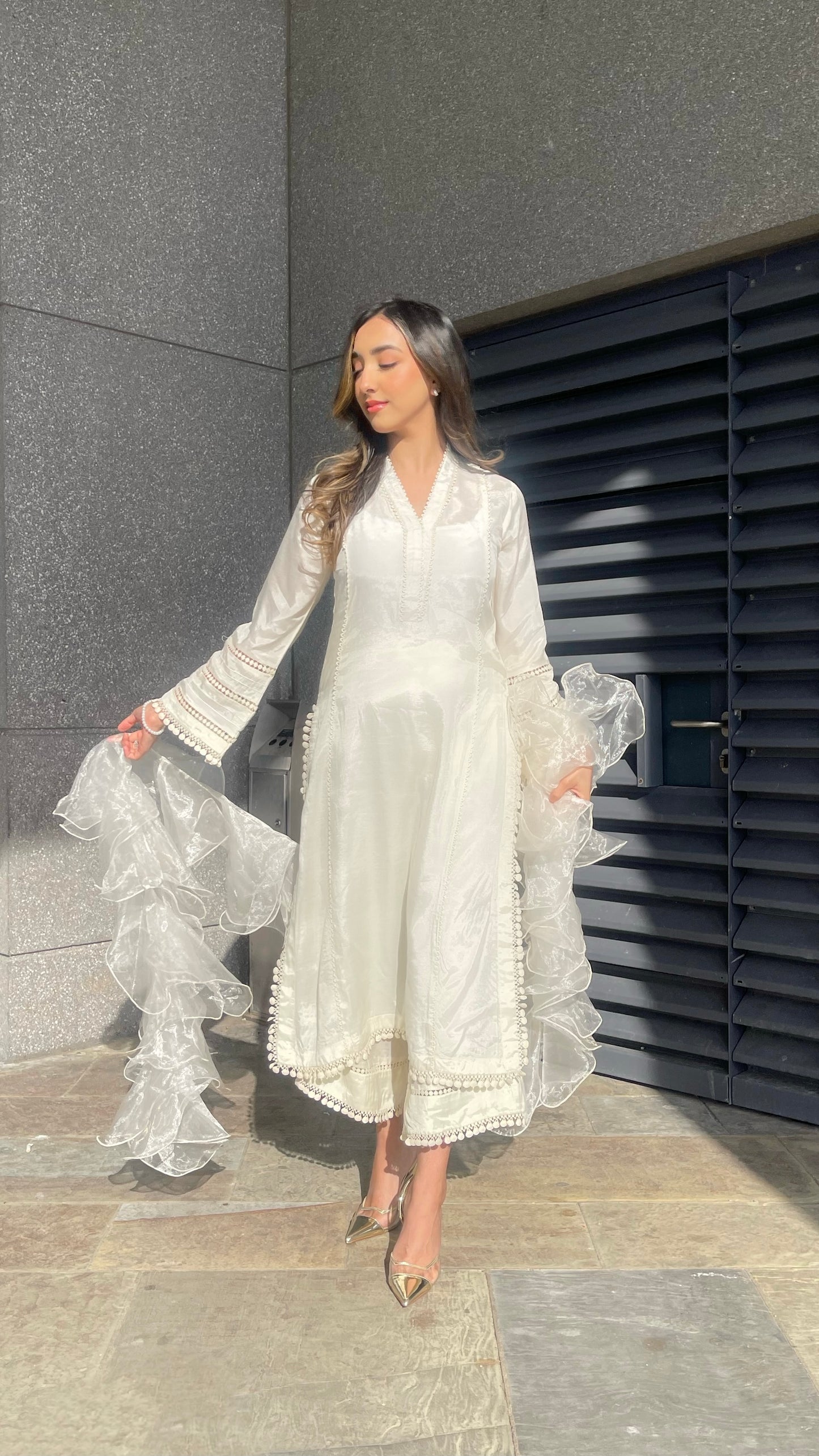 AYLA White - 3 Piece Off-White Cotton Silk Suit with Ruffle Organza Dupatta