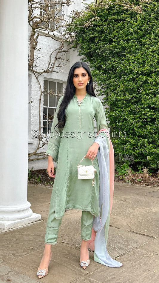 LAYYA - 3 Piece Light Green Cotton Silk Suit with Three Toned Chiffon Dupatta