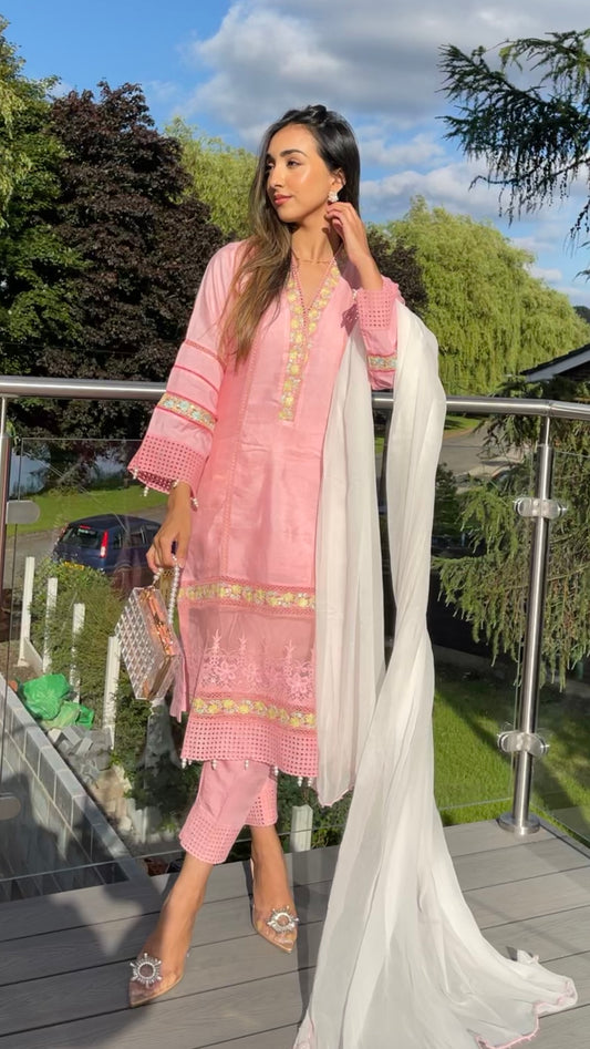 NISA - 3 Piece Rose Pink Suit with Pearls