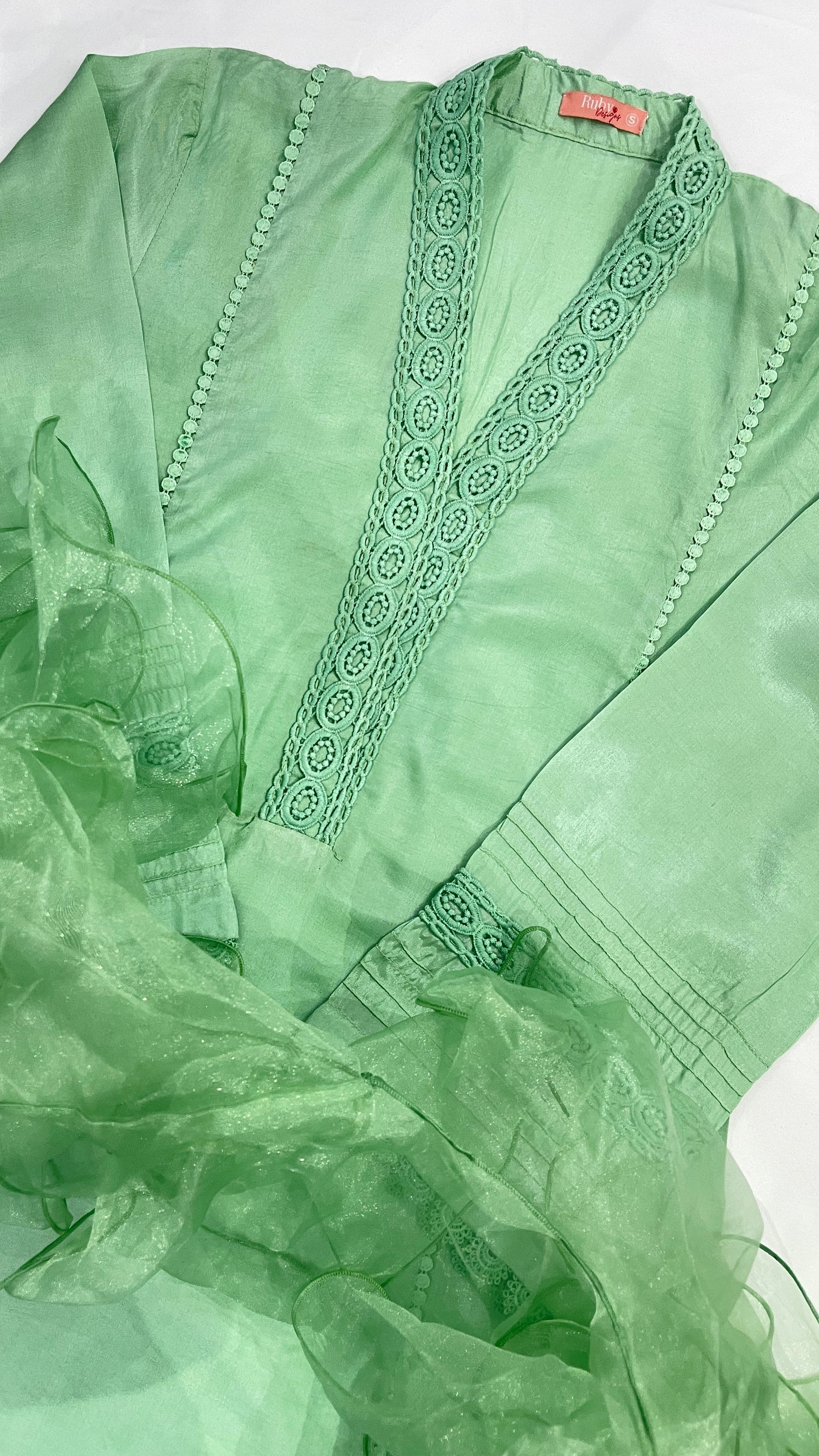 JAISHA - Mint Green 4 Piece Cotton Silk Suit with Organza Ruffle Dupatta