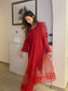 SABRINA - 3 Piece Deep Red Linen Suit with Pearl Details and 3D Flowers