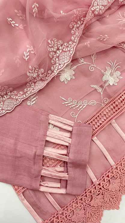 MEHER Pink - 3 Piece Embroidered Chiffon Suit with Cut Out Details