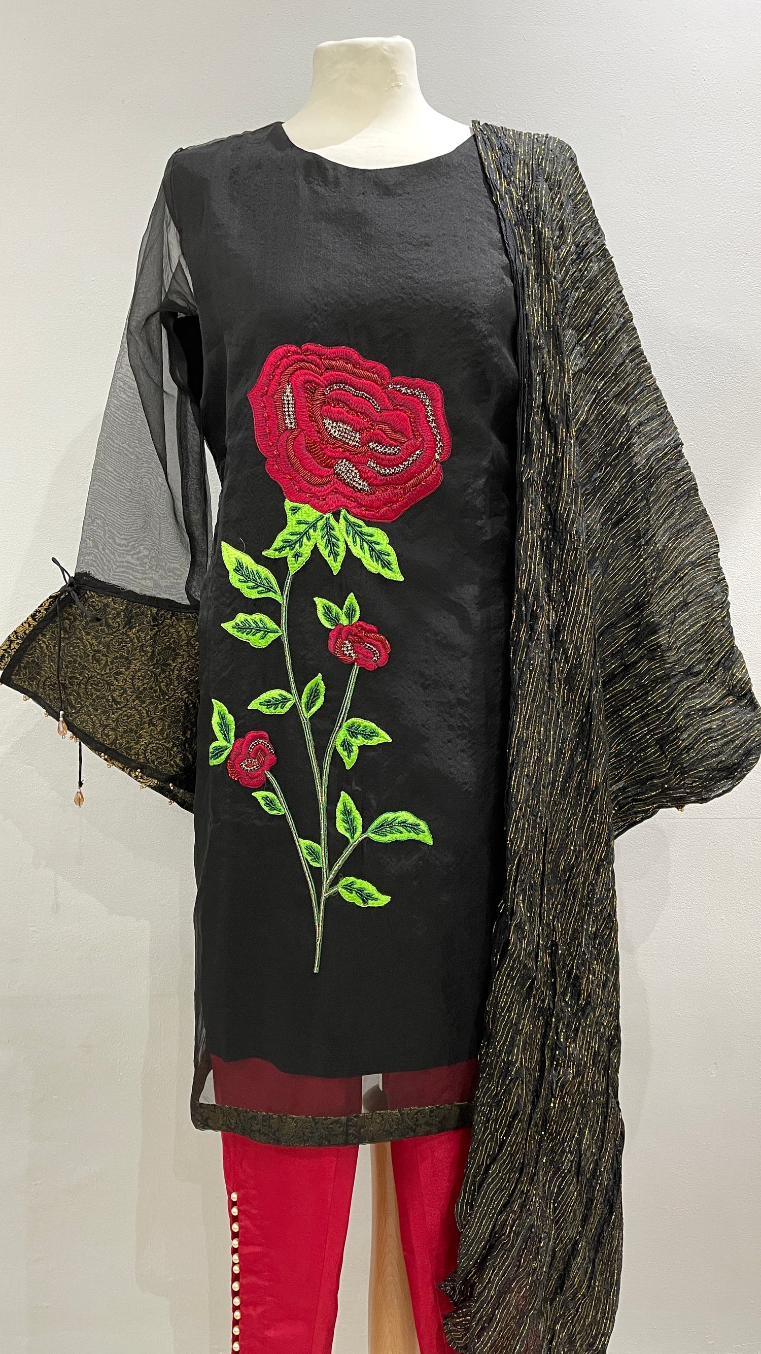 3 Piece Organza Black Suit with Red Rose Embroidery (6651370111160)