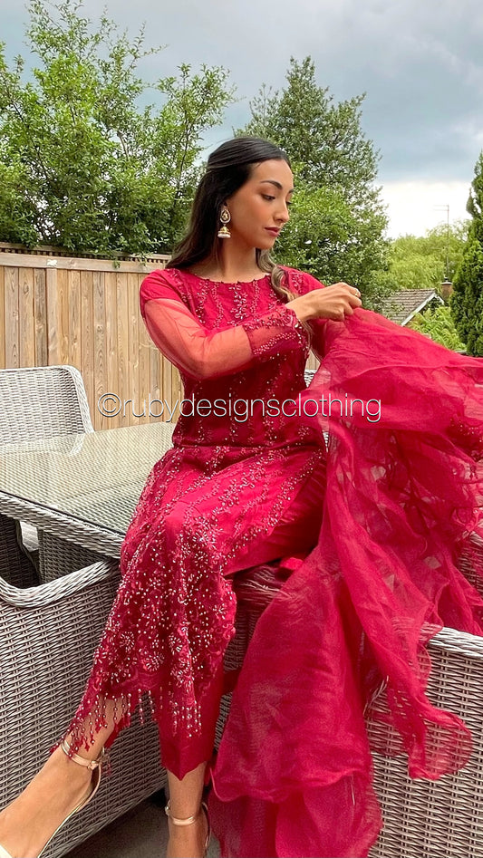 RUBY - 3 Piece Heavy Embroidered Deep Red Suit