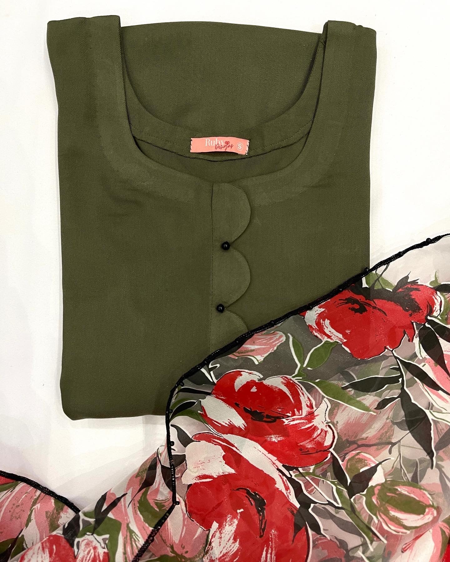 ALISHBA - 3 Piece Khaki Marina Suit with Floral Print Organza Dupatta