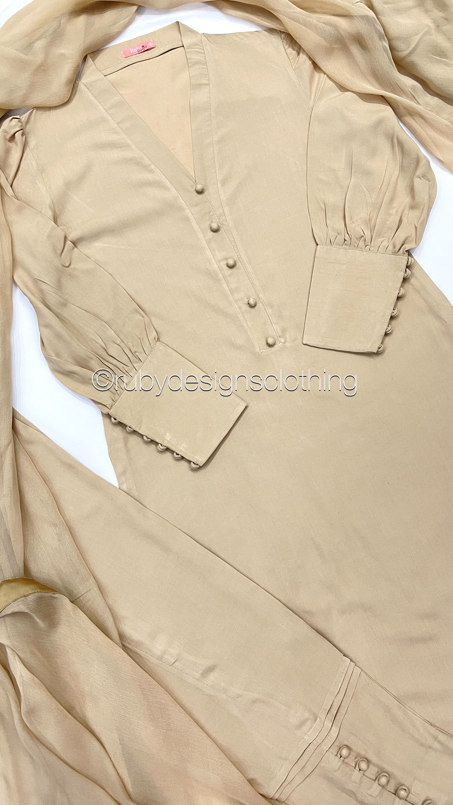 HANA Beige - 3 Piece Linen Suit with CHIFFON Dupatta
