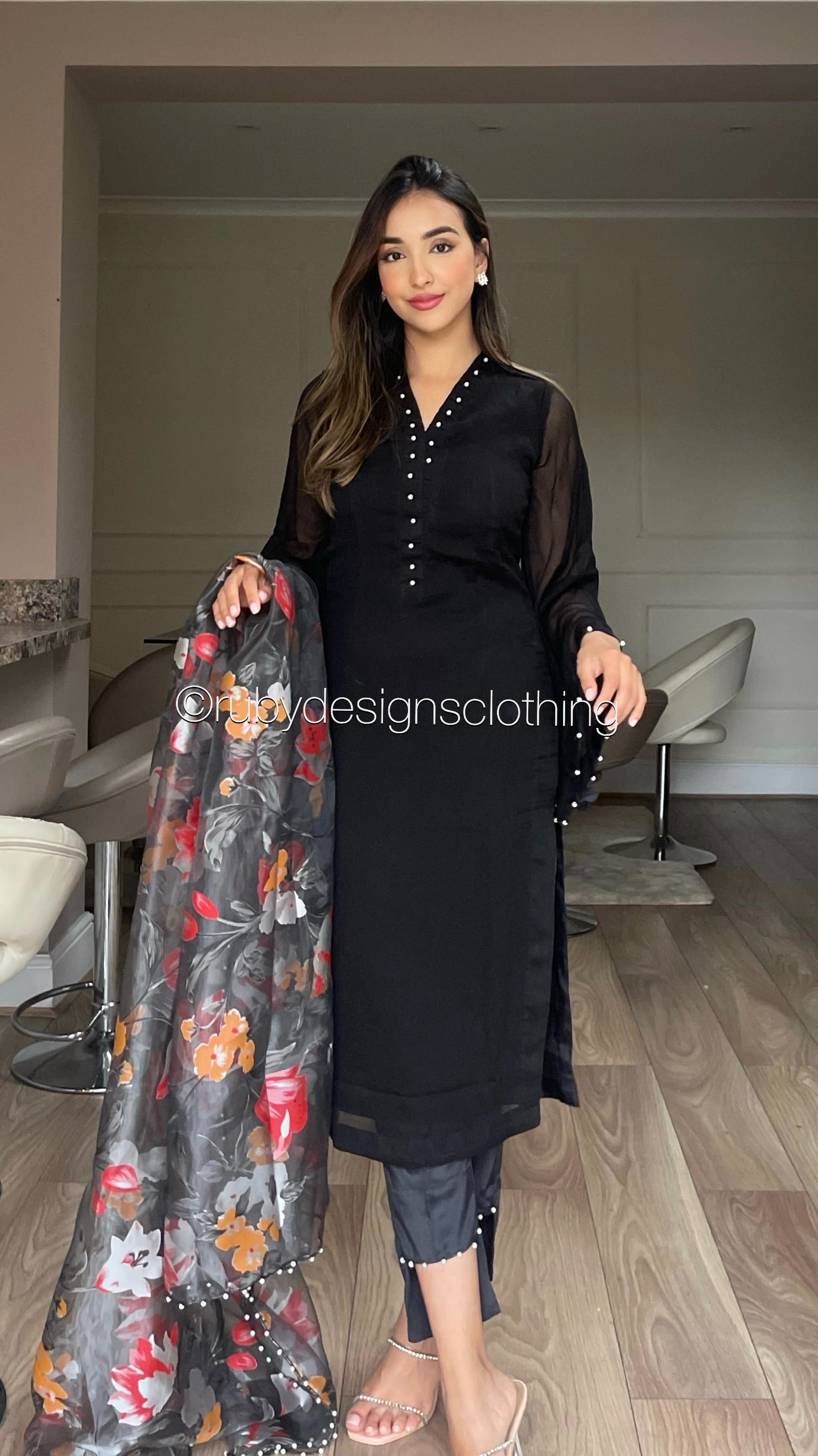 ARIA Black 3 Piece Chiffon Suit with Floral Print Organza Dupatta