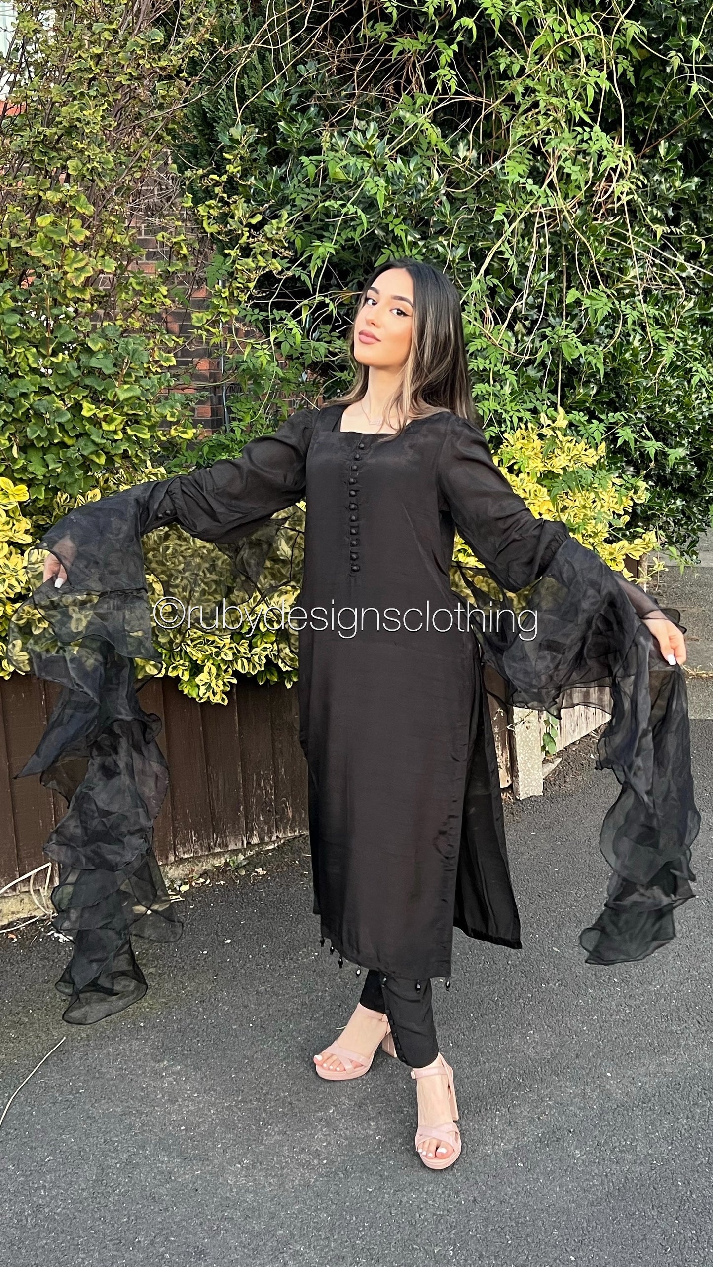 MALIHA Black - 3 Piece Raw Silk Suit with Ruffle Dupatta