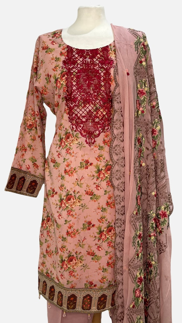 Original Manizay Pink 3 Piece Swiss Lawn Suit with Floral Print (6643671400632)