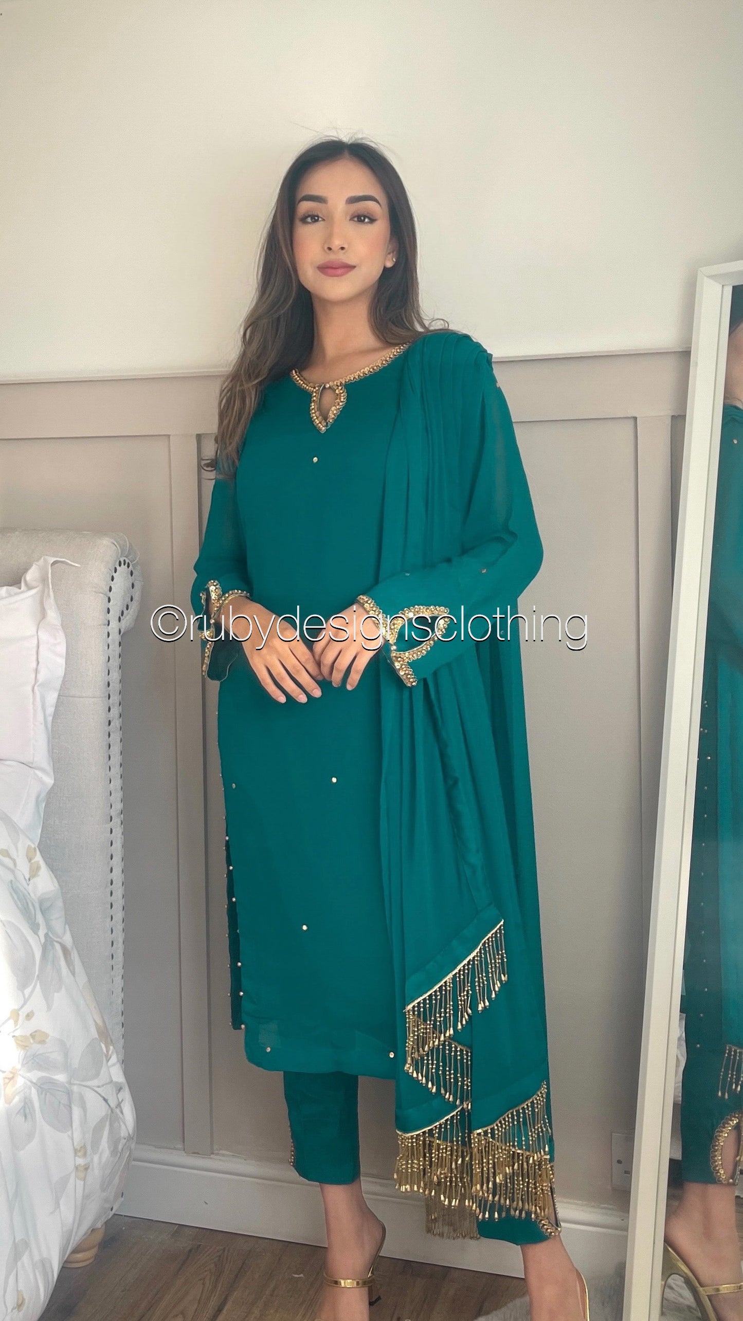 LIMITED EDITION HAYA Deep Sea Green - 3 Piece Chiffon Suit with Hand Embellished Neckline