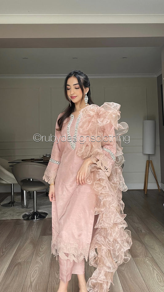 DALILA -  3 Piece Pink Korean Raw Silk Suit with Ruffle Dupatta