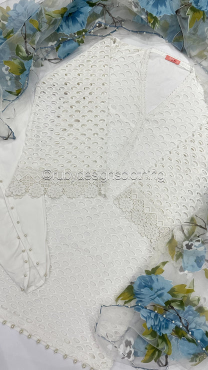 AZINA - 3 Piece White Chikankari Suit with Floral Print Organza Dupatta
