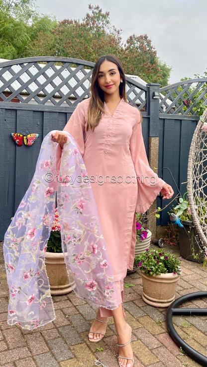 ARIA Blush - 3 Piece Chiffon Suit with Floral Print Organza Dupatta