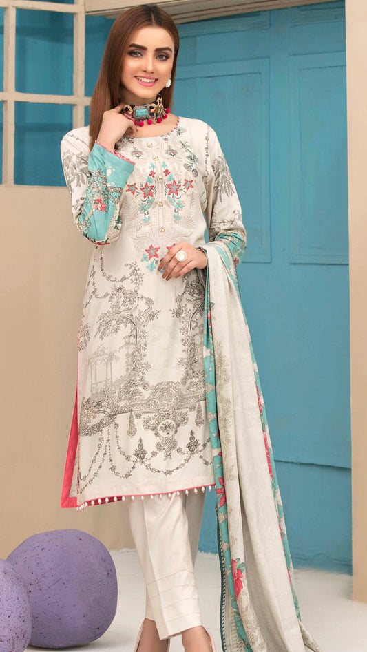 Original Tawakkal Felicia Stitched Cream Linen Print Suit with Embroidery