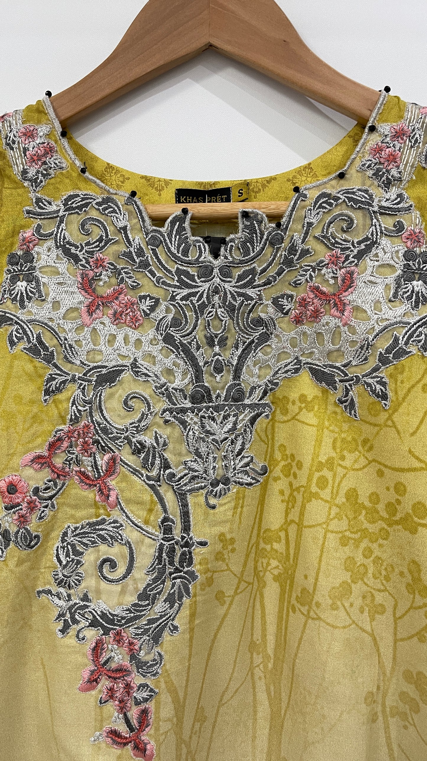 Original KHAS 3 Piece Stitched Yellow and Black Luxury Lawn Suit with Chiffon Dupatta