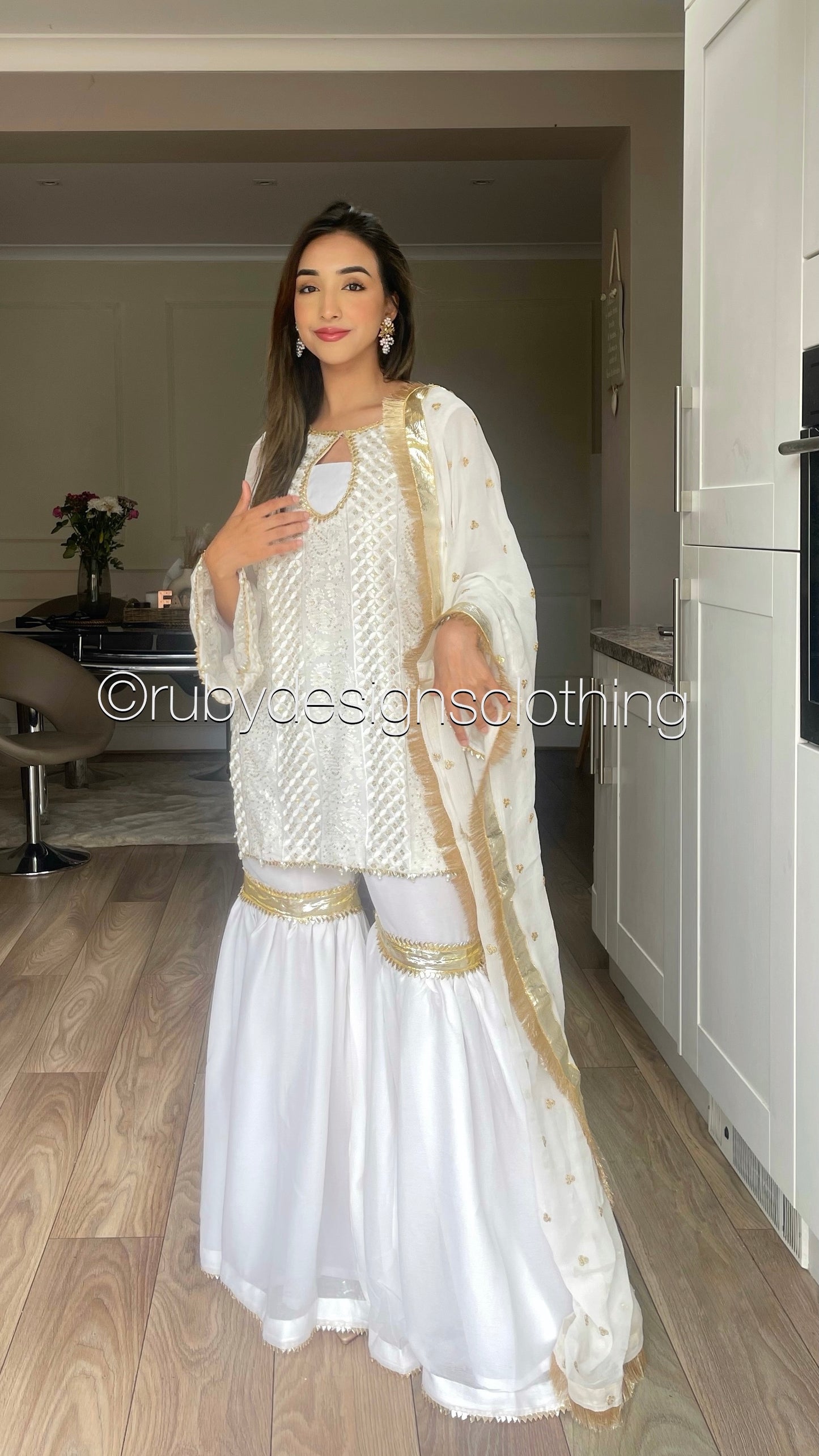 SYRA - White and Gold Luxury 3 Piece Chikankari Chiffon Gharara Suit with Pure Chiffon Dupatta