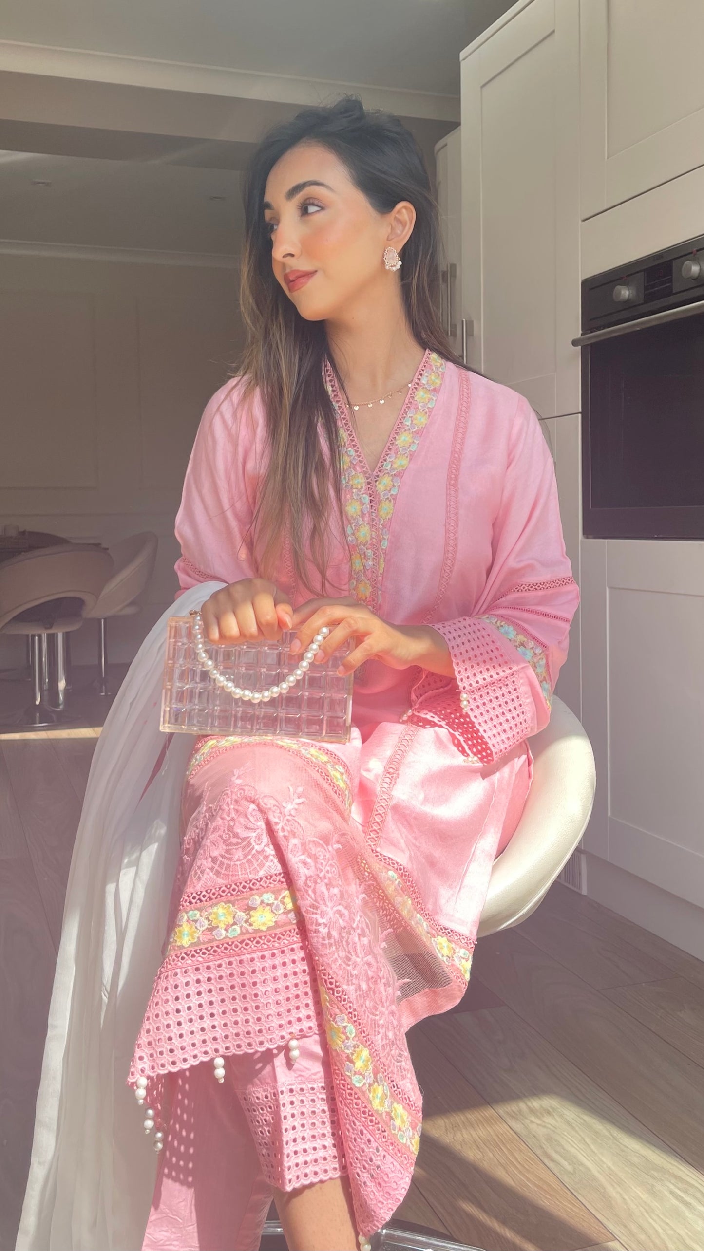NISA - 3 Piece Rose Pink Suit with Pearls