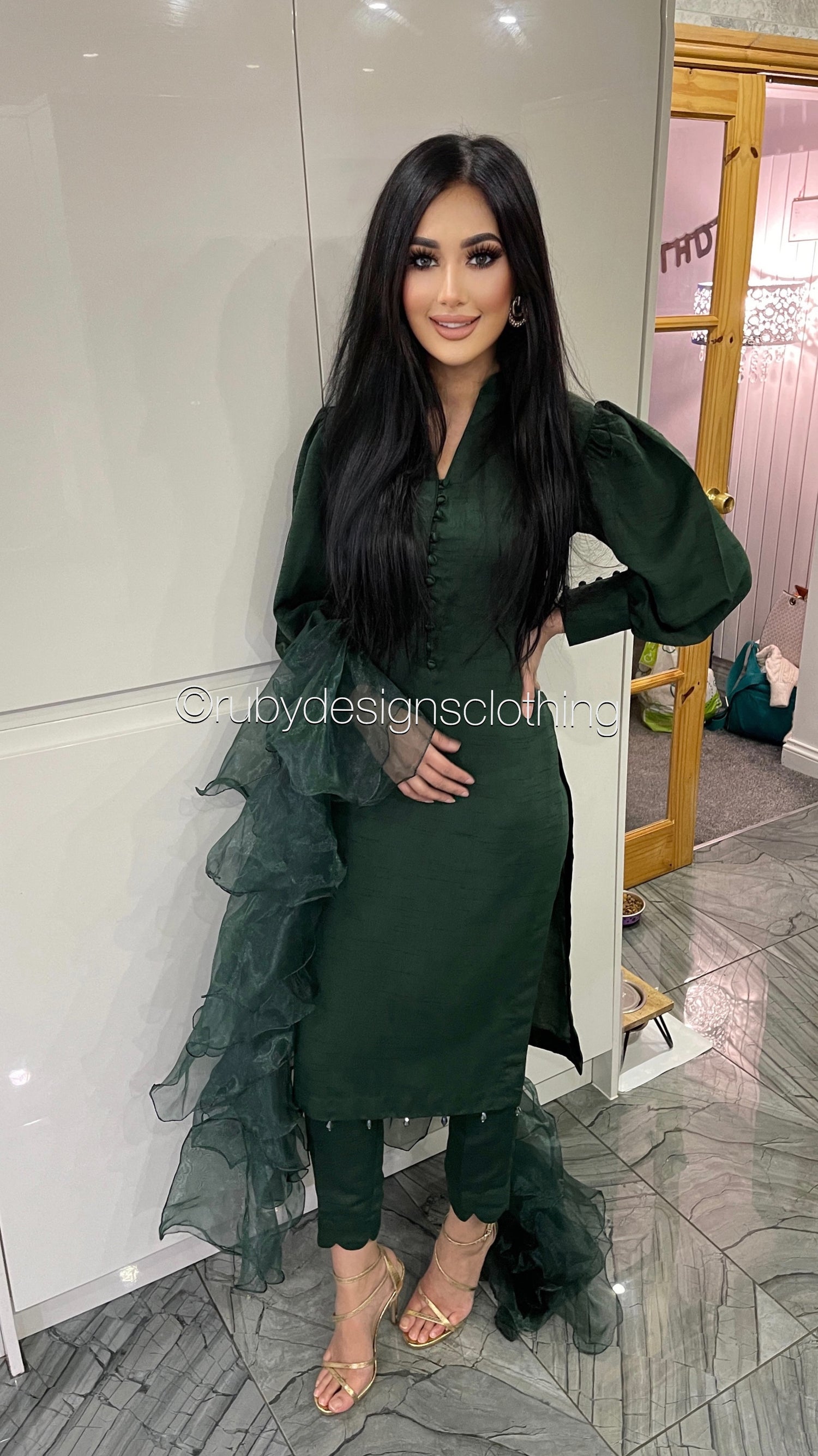 ZAARA Green - 3 Piece Raw Silk Suit with Organza Ruffle Dupatta (7603683360981) (8748147310805)