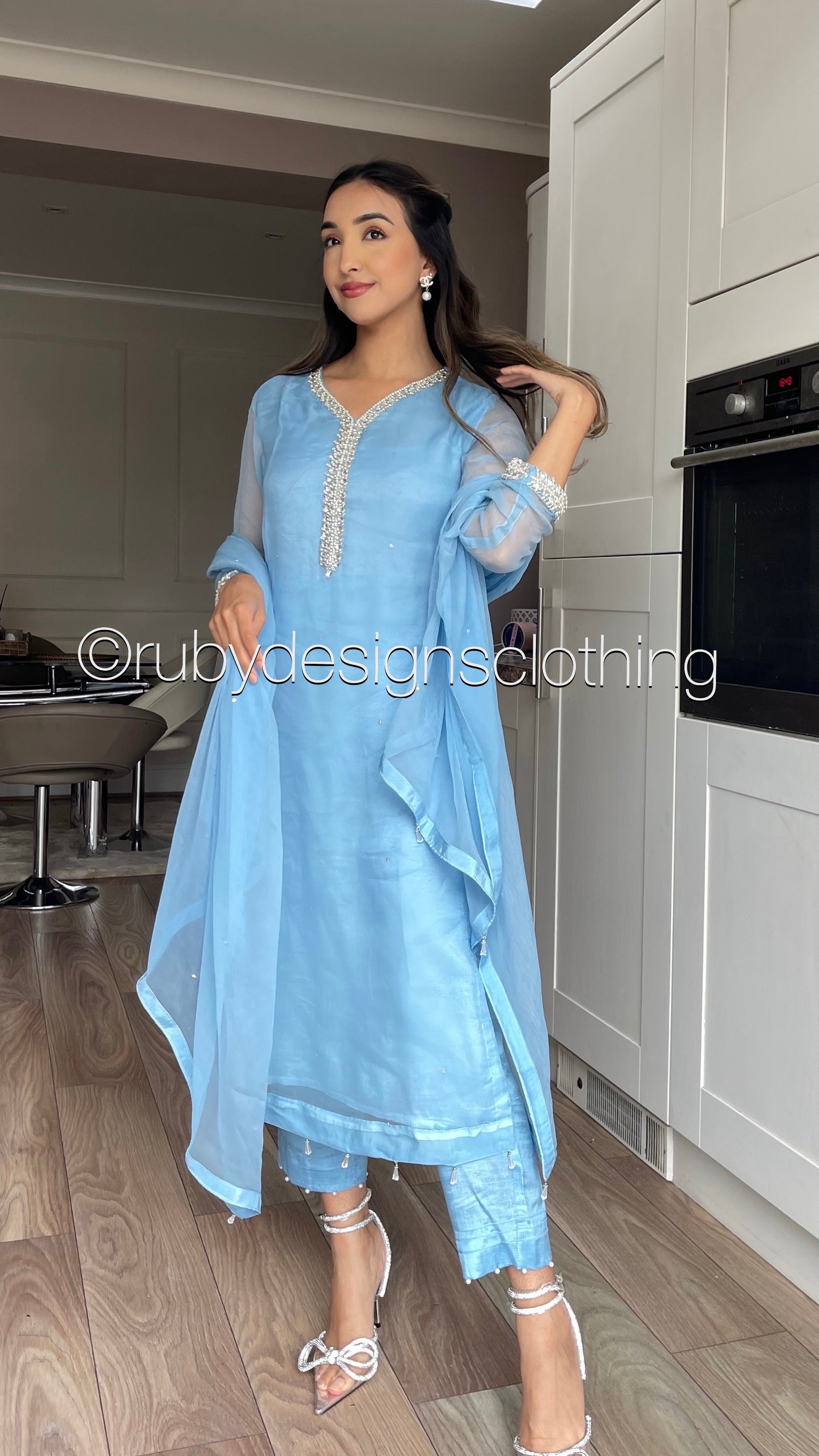 AMUL - Sky Blue 3 Piece Chiffon Suit with Hand Embellished Neckline