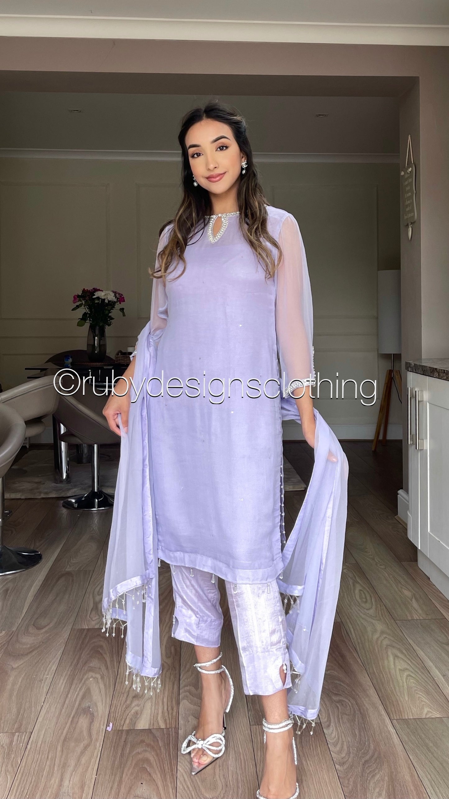 HAYA Lilac - 3 Piece Chiffon Suit with Hand Embellished Neckline