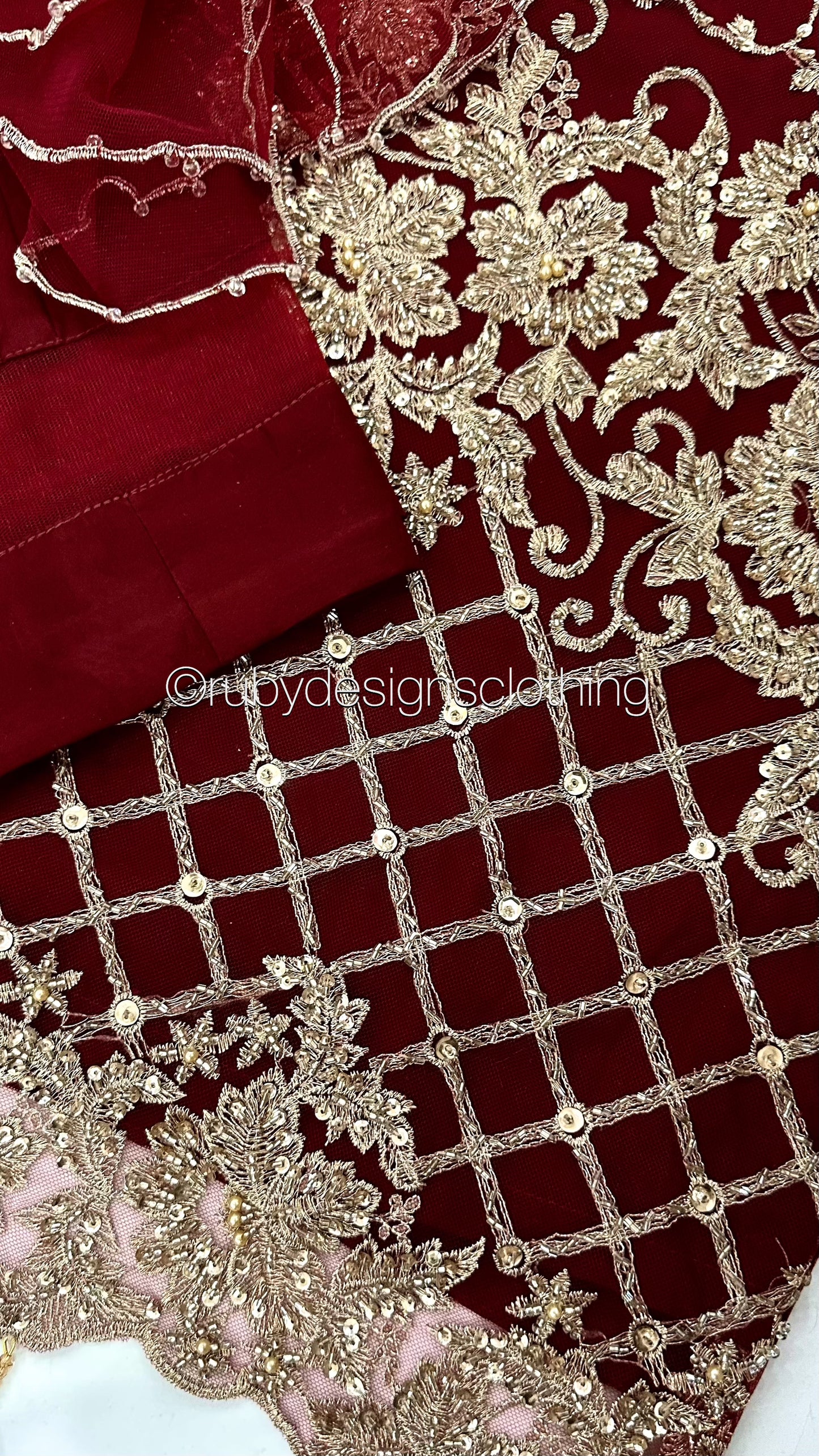 ALARA - 3 Piece Maroon Net Suit with Gold Embroidery