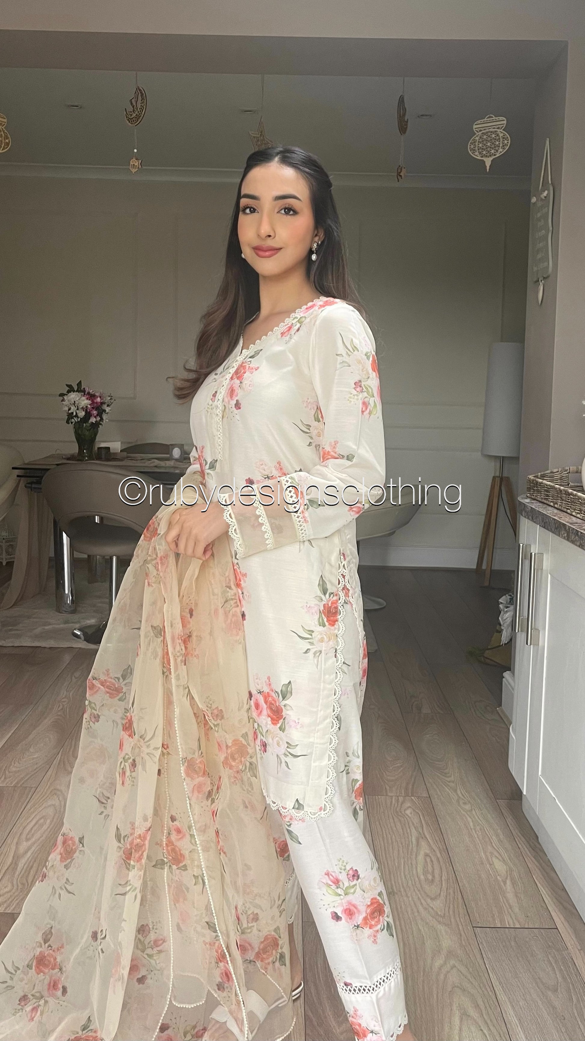 YUSRA - 3 Piece Cream Floral Print Swiss Lawn Suit with Organza Dupatta YUSRA - 3 Piece Cream Floral Print Swiss Lawn Suit with Organza Dupatta