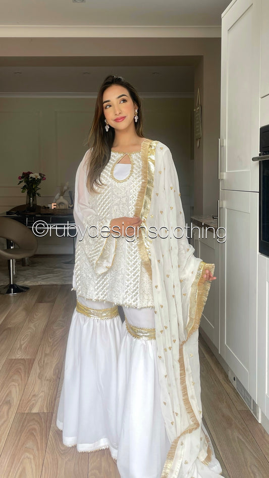 SYRA - White and Gold Luxury 3 Piece Chikankari Chiffon Gharara Suit with Pure Chiffon Dupatta