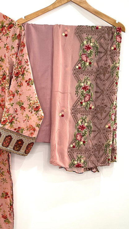 Original Manizay Pink 3 Piece Swiss Lawn Suit with Floral Print