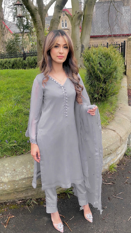 AVA - Grey 3 Piece Chiffon Suit with Mirror Details