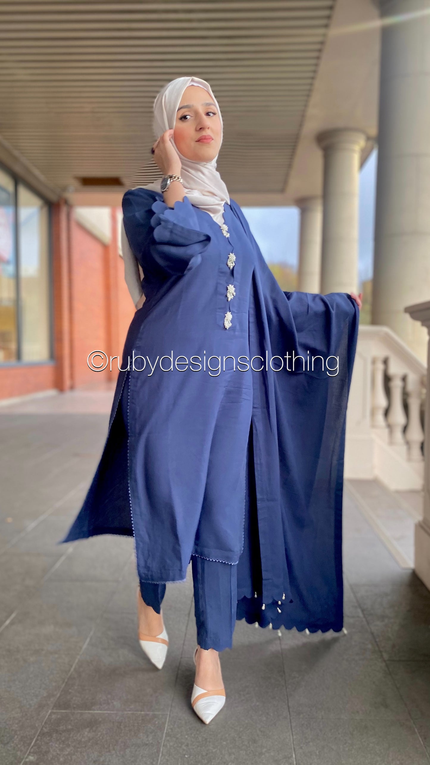 NEELAM - 3 Piece Linen Navy Suit with Shawl