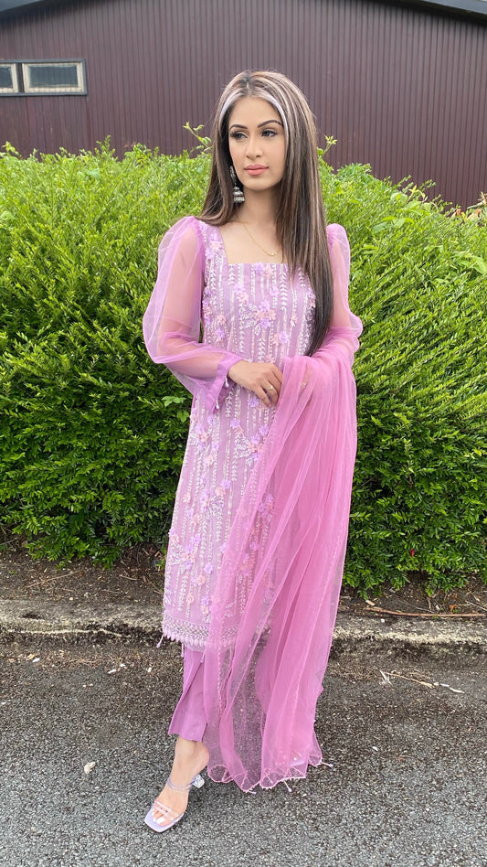 AMAL - Pink 3 Piece Heavy Embroidered Net Suit with 3D Detail (7801369428181) (8747684790485) (8747689214165)