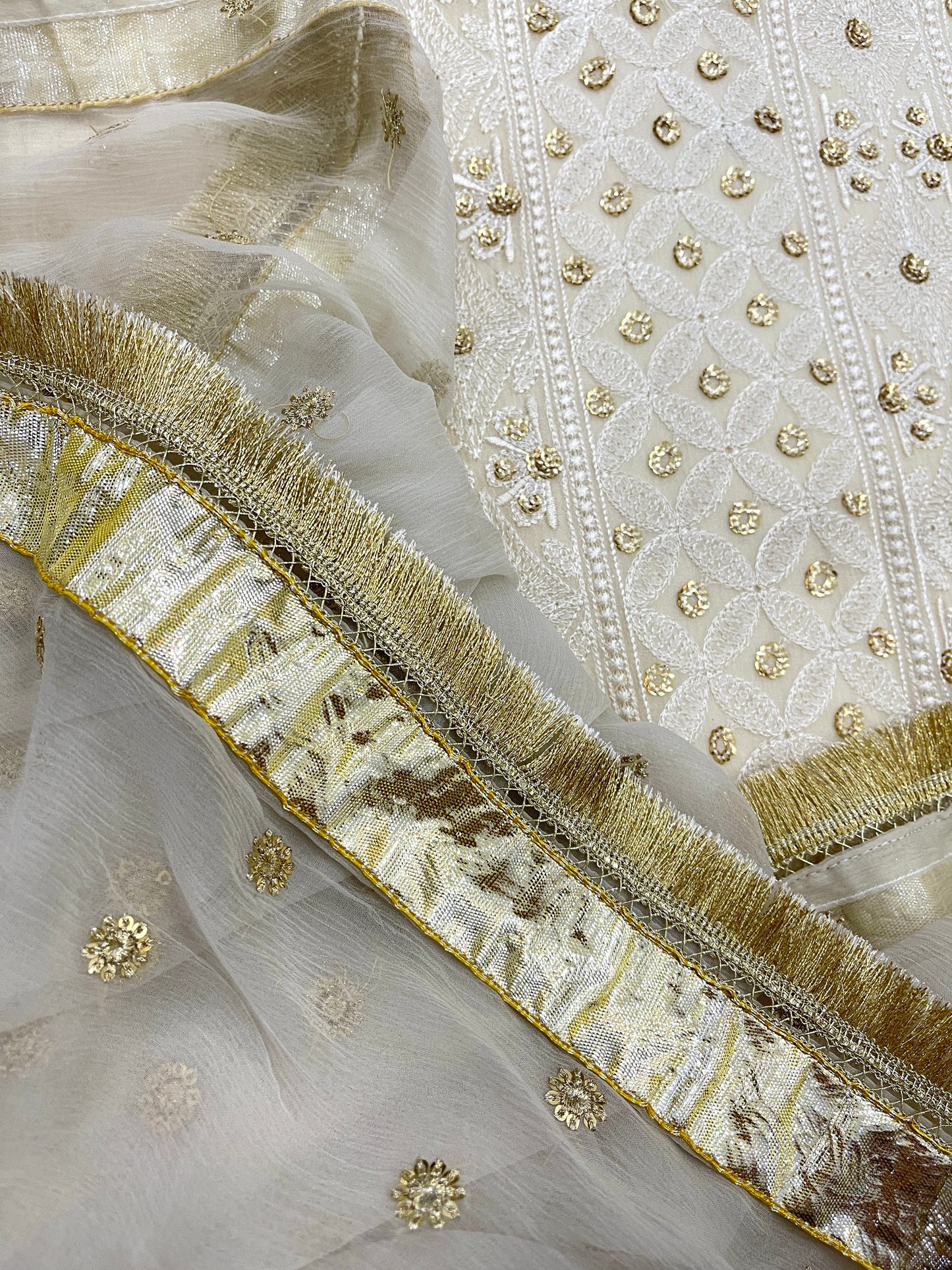 YASMIN - 3 Piece Luxury Off-White and Gold Chikankari Chiffon Suit with Gharara