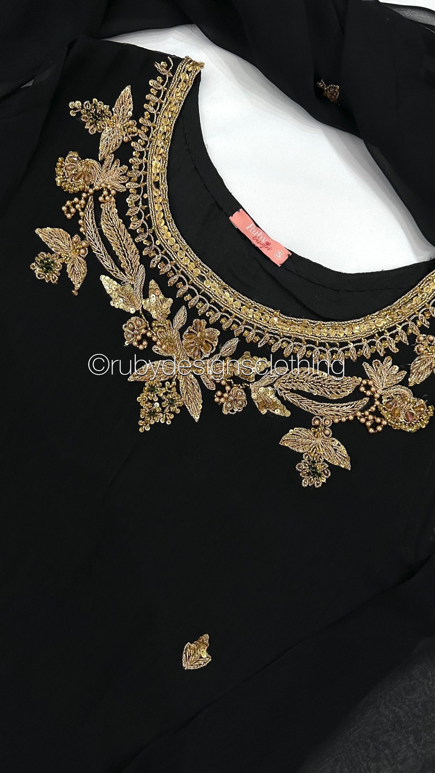 AMBREEN Black - 4 Piece Chiffon Suit with Gold Handwork