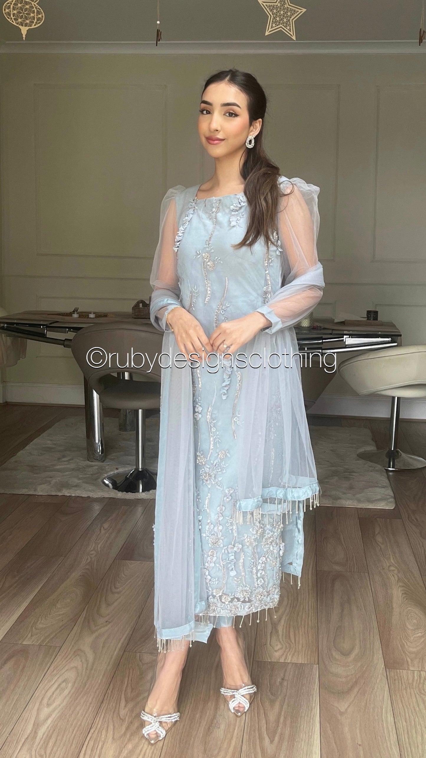 FATIMA Blue - 3 Piece Heavy Embroidered Net Suit with 3D Detail
