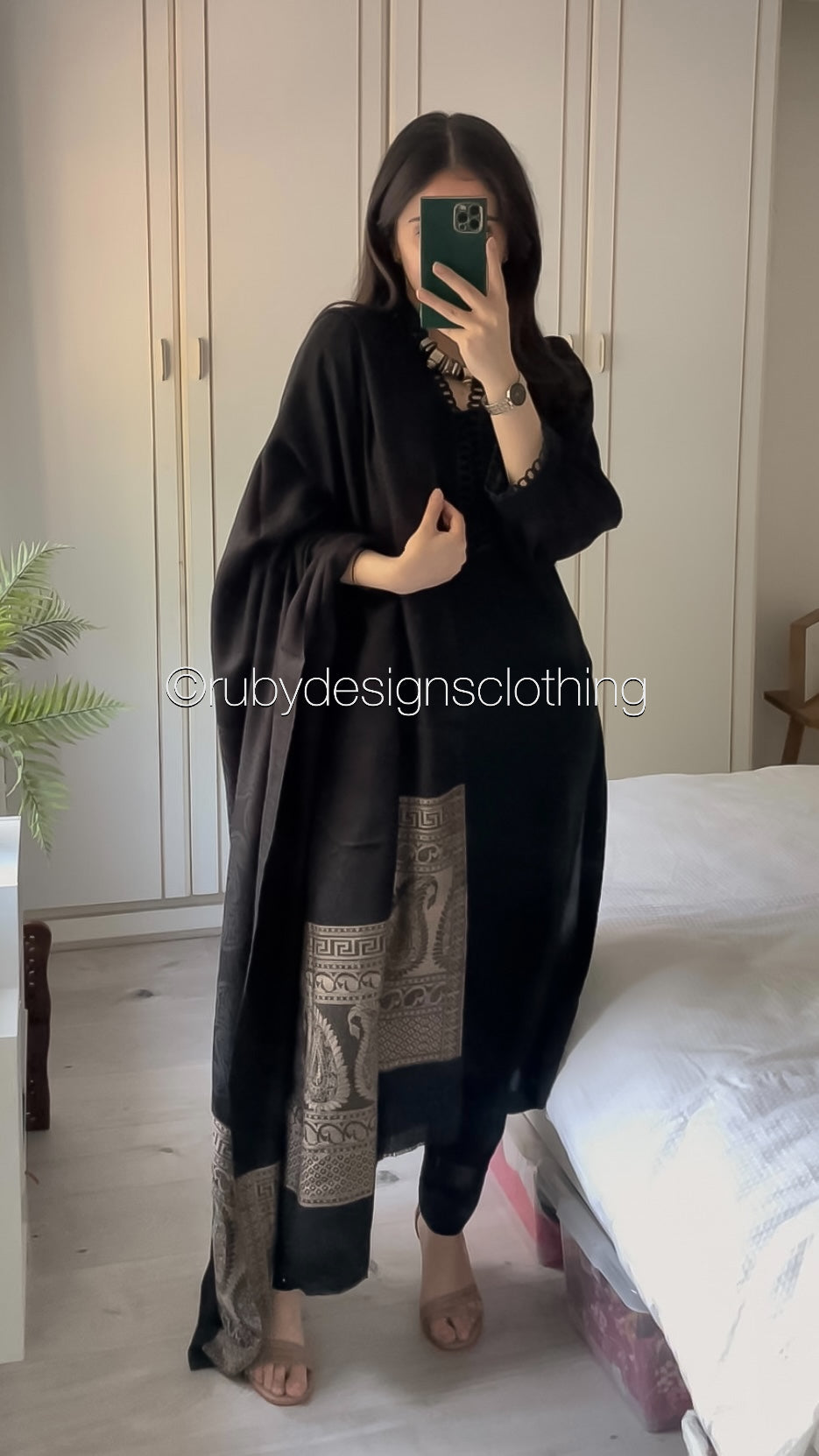 AMBER - 3 Piece Black Linen Suit with Shawl