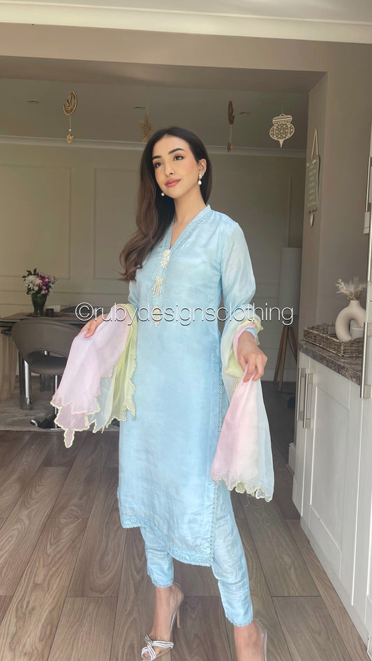 KARA - 3 Piece Baby Blue Cotton Silk Suit with Three Toned Chiffon Dupatta