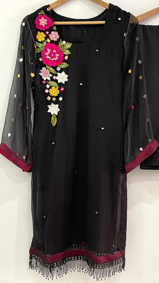 3 Piece Black Chiffon Suit with 3D Flower Details