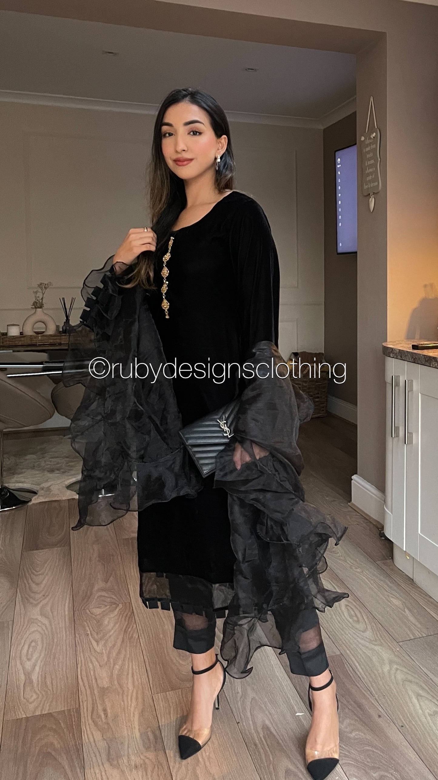 SAADIA - 3 Piece Black Velvet Suit with Organza Dupatta