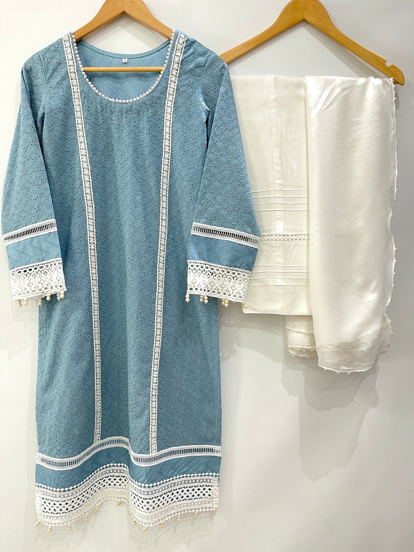 SANIA - 3 Piece Blue Cotton Net Chikankari Suit with Pearl Details