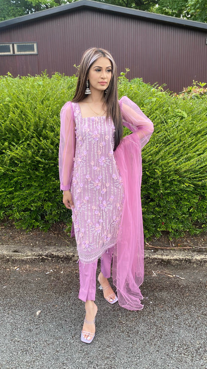 AMAL - Pink 3 Piece Heavy Embroidered Net Suit with 3D Detail