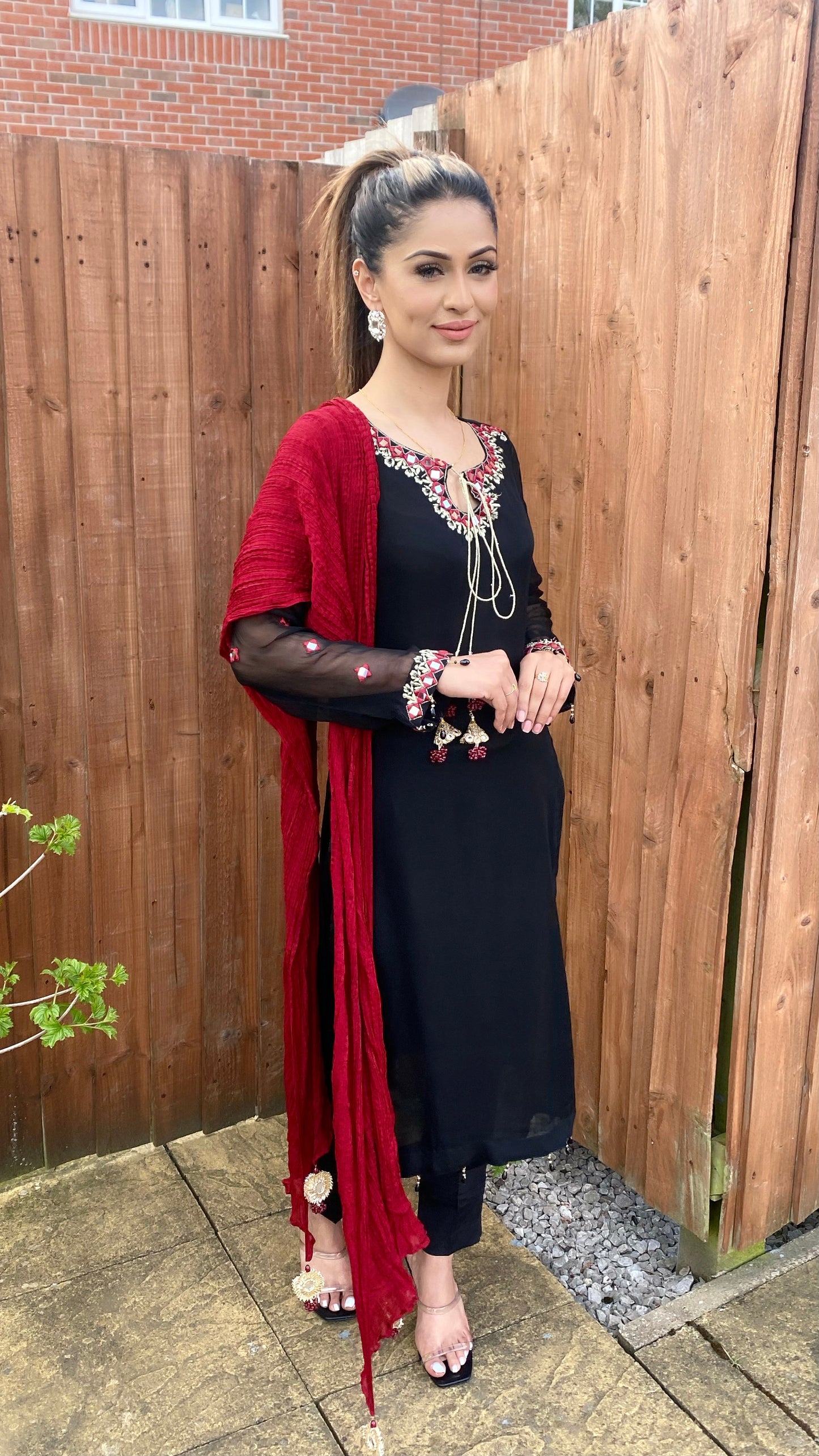 FARAH - Black 3 Piece Chiffon Suit with Mirror Details and Crushed Dupatta