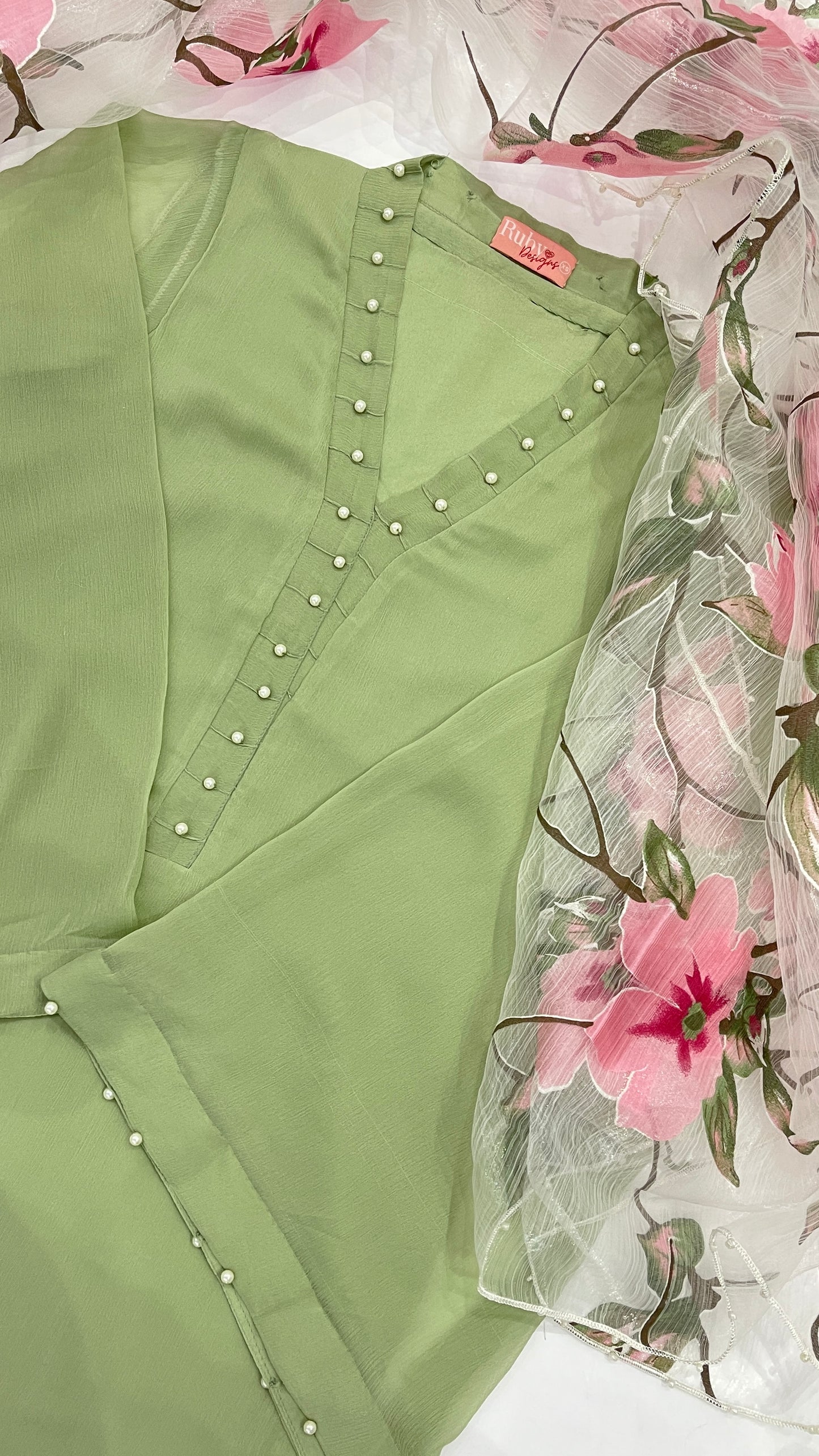 ARIA Sage - 3 Piece Chiffon Suit with Floral Print Organza Dupatta
