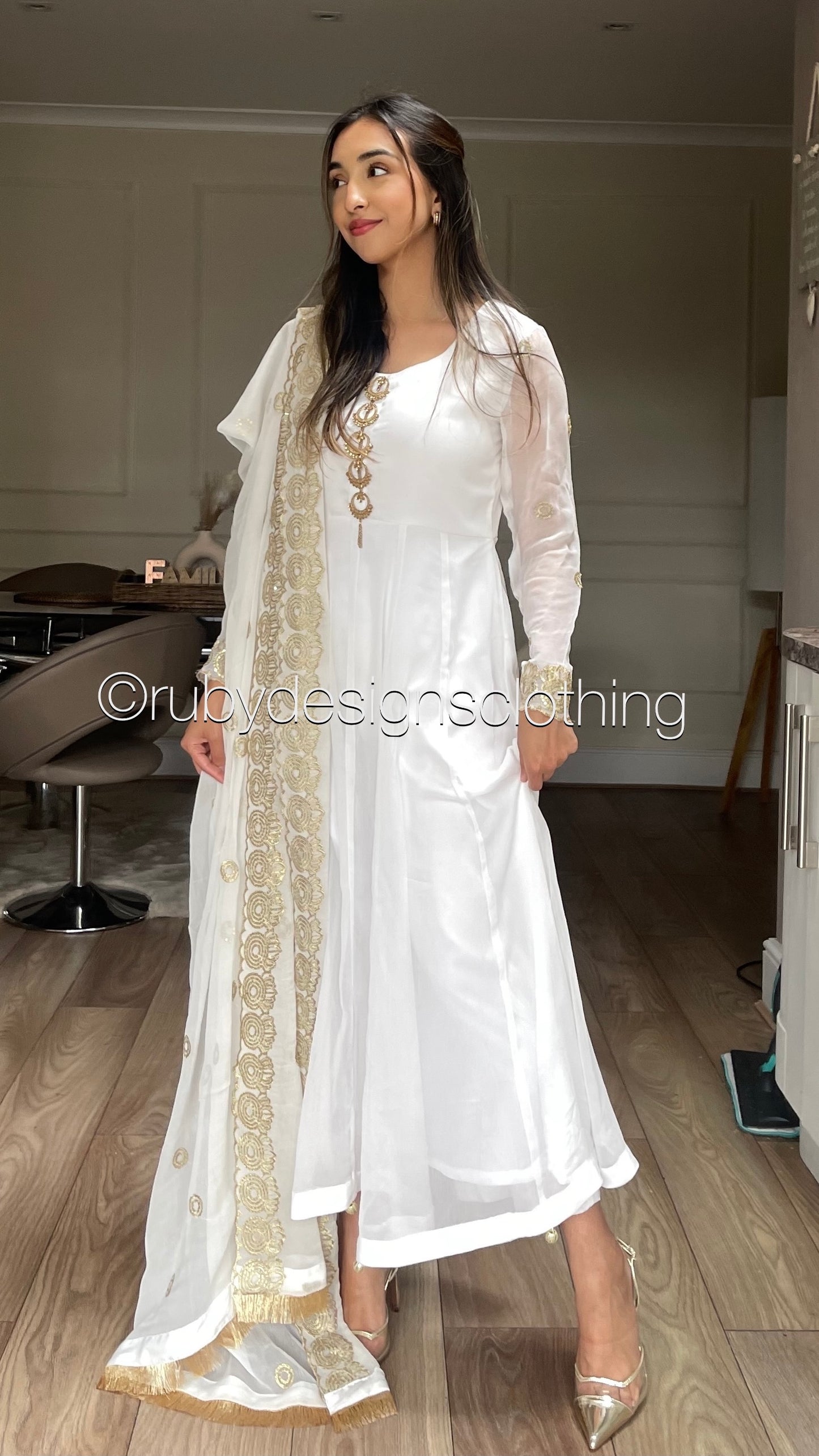 MAYA - 3 Piece White Anarkali Suit with Sequin Work Chiffon Dupatta