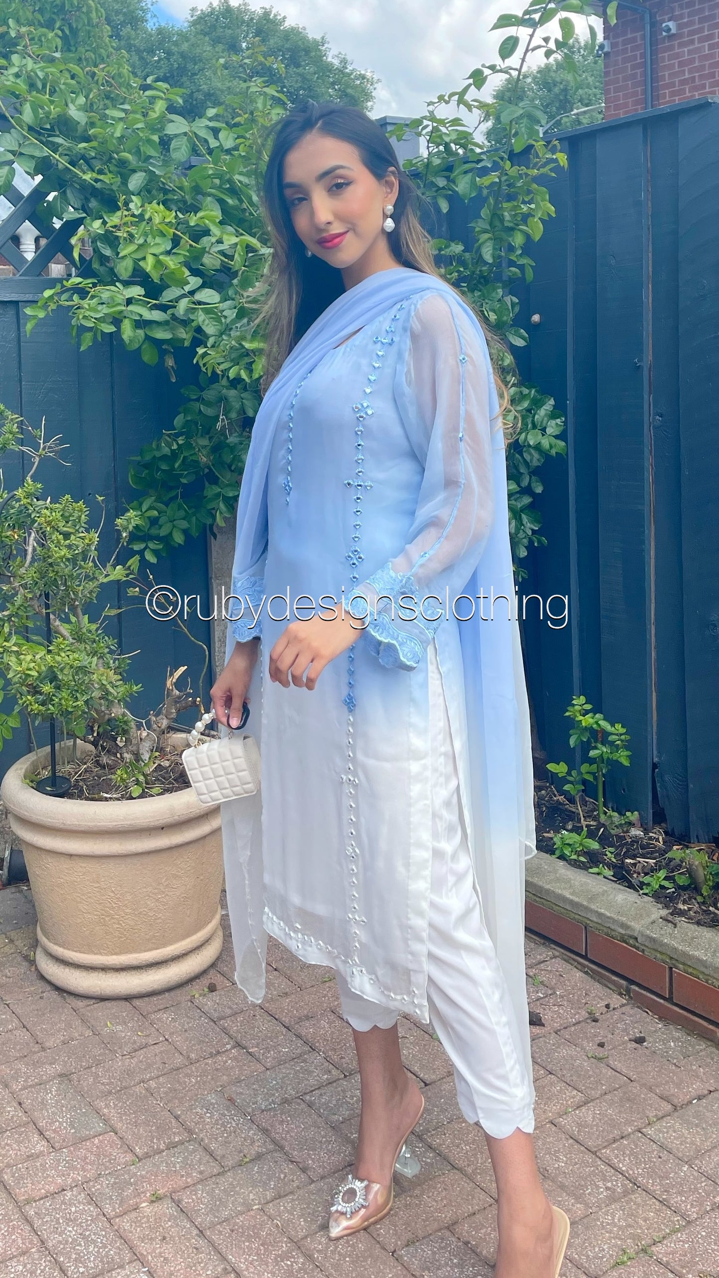 AMEEN - 3 Piece Ombre Chiffon Suit with Mirror details
