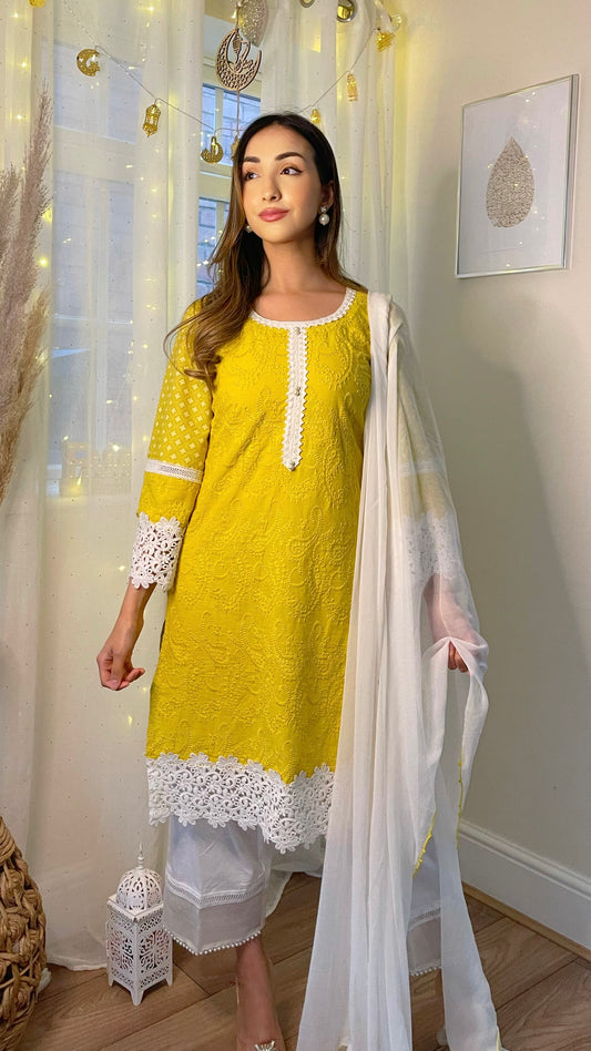 SHANAYA - Yellow Cotton Net Chikankari Suit with Lace and Pearl Details