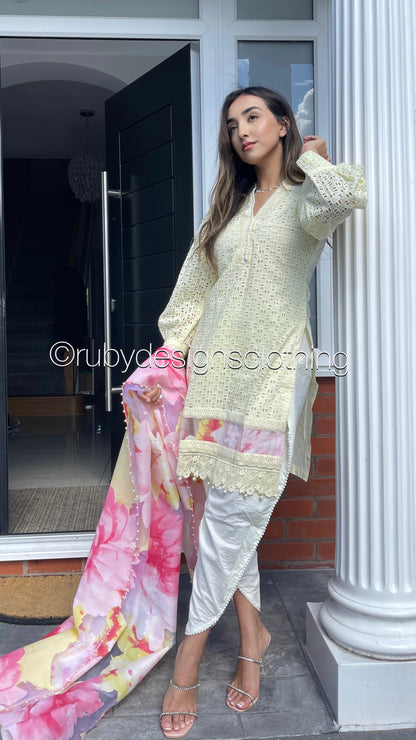 INAYAH - 3 Piece Yellow Chikankari Suit with Tulip Trousers and Floral Organza Dupatta