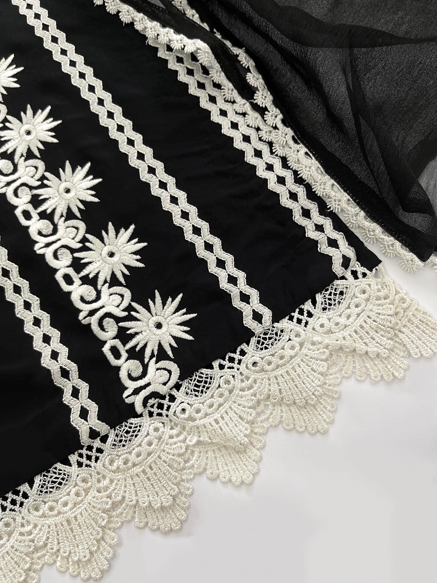 TAHERA - 3 Piece Black Linen Suit with White Lace and Embroidery
