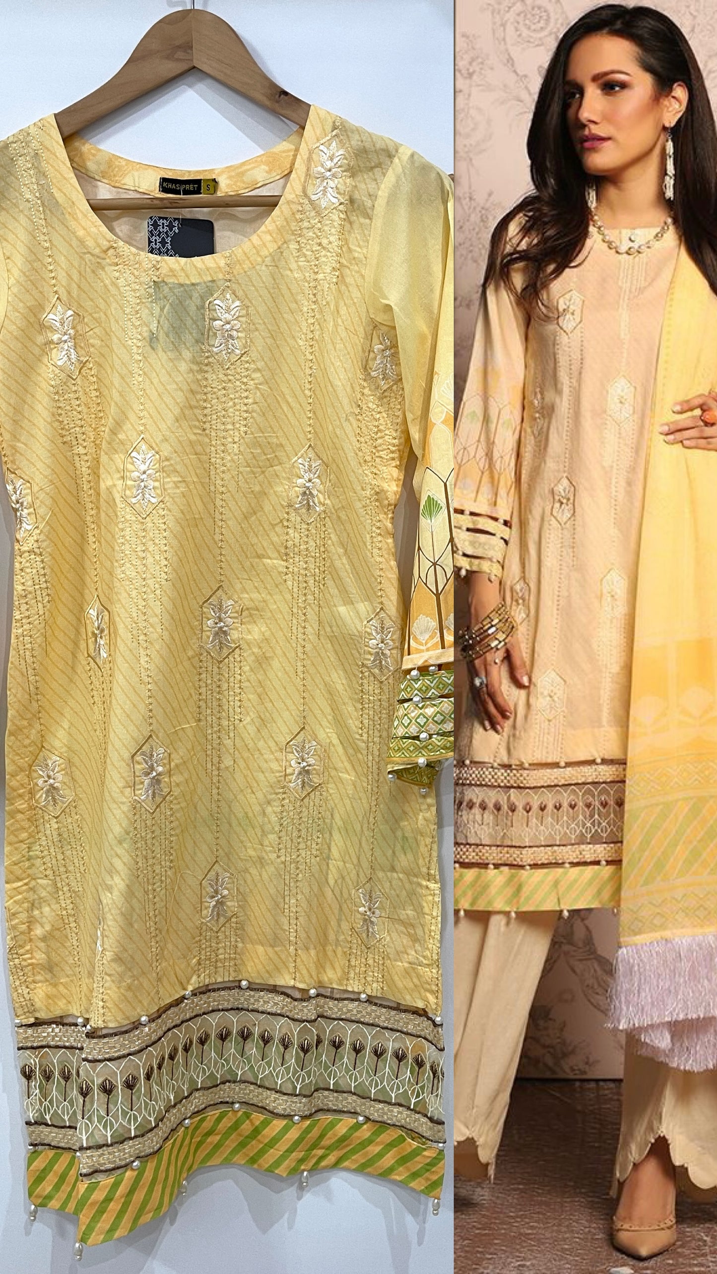 Original KHAS 3 Piece Stitched Yellow Luxury Lawn Suit with Chiffon Dupatta