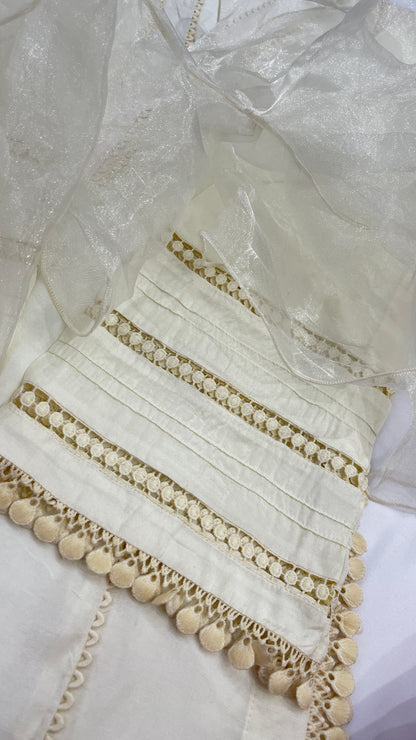 AYLA White - 3 Piece Off-White Cotton Silk Suit with Ruffle Organza Dupatta