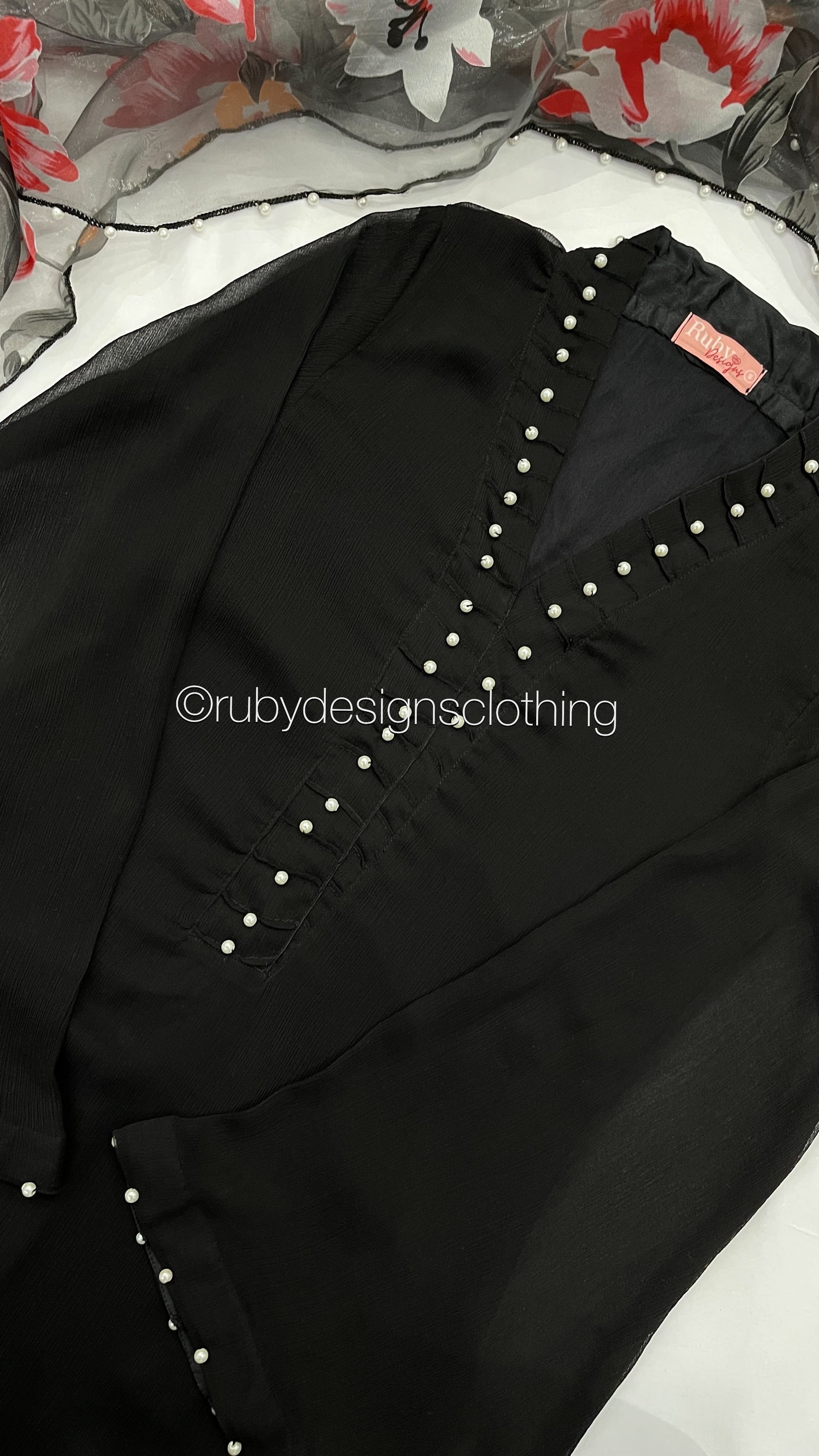 ARIA Black - 3 Piece Chiffon Suit with Floral Print Organza Dupatta